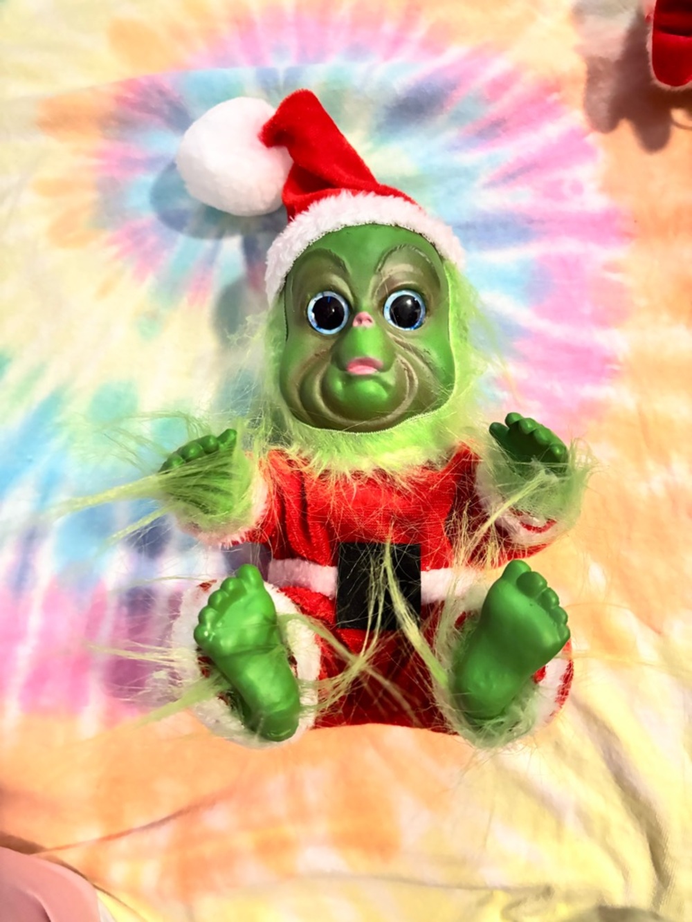 Green Holiday Plush Doll in Red Santa Outfit